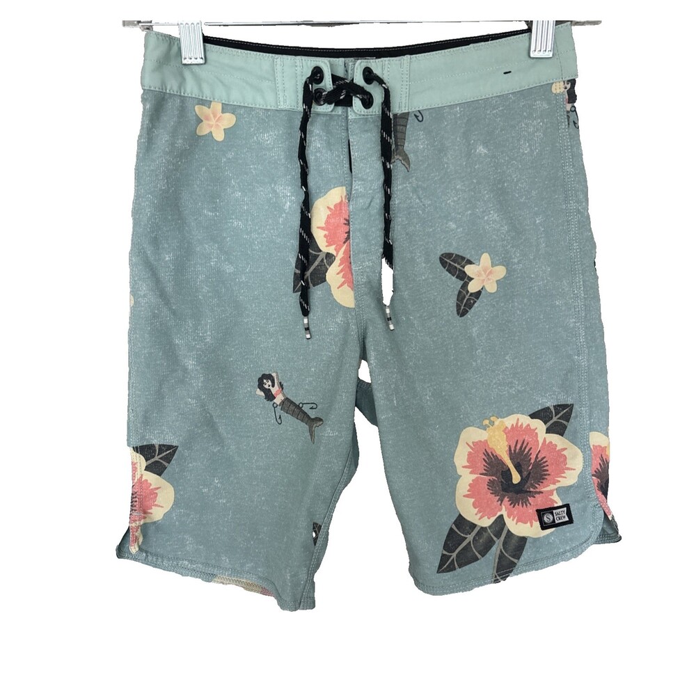 SALTY CREW Boy's Boardshorts Lowtide Green Blue Hibiscus Mermaid Size 24 8"